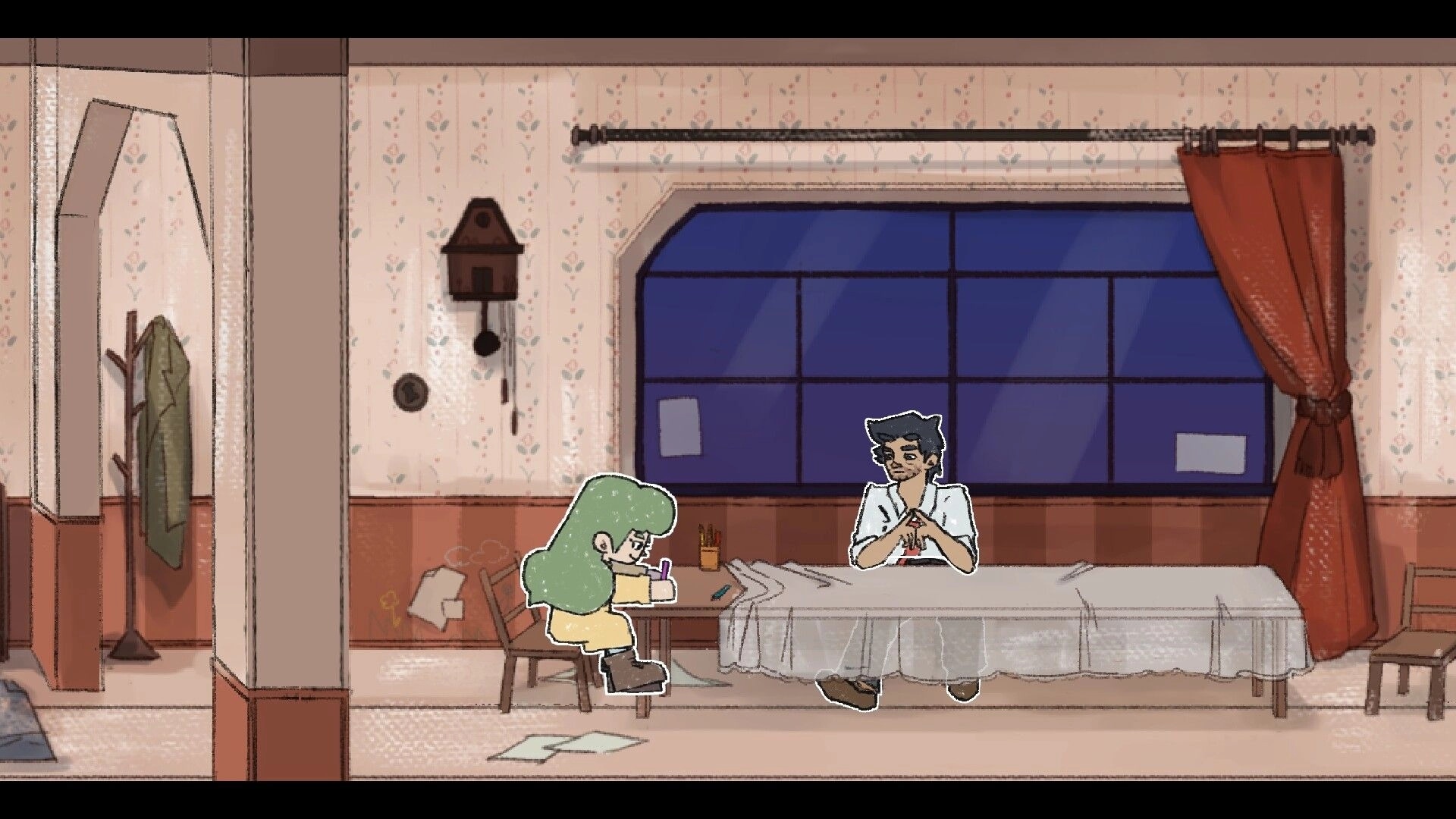 Detective Hindsight: Phoebe sketches crayon drawings while detective observes in a cozy, dimly-lit room
