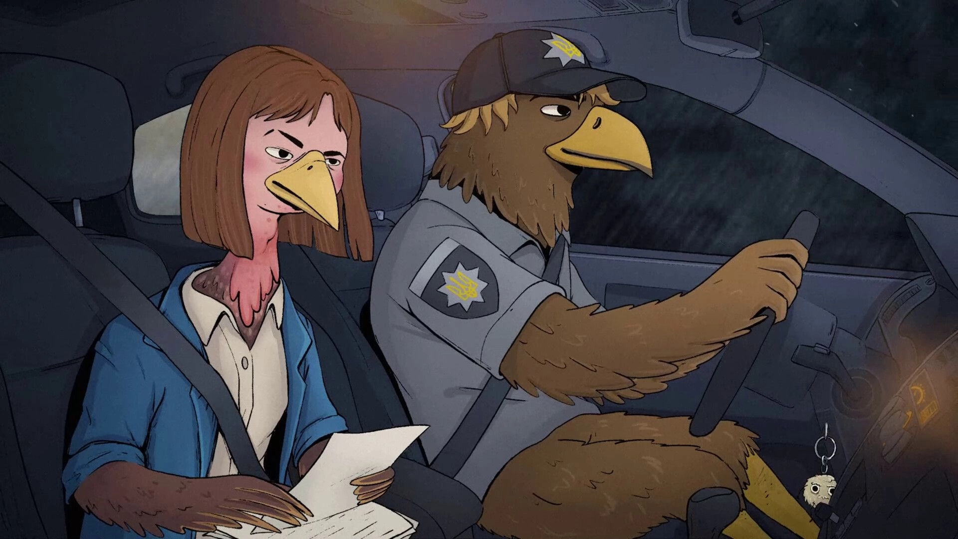 Detective INNA DUKE: Inna Duke and Fernal driving in rain, reviewing case notes inside a patrol car.