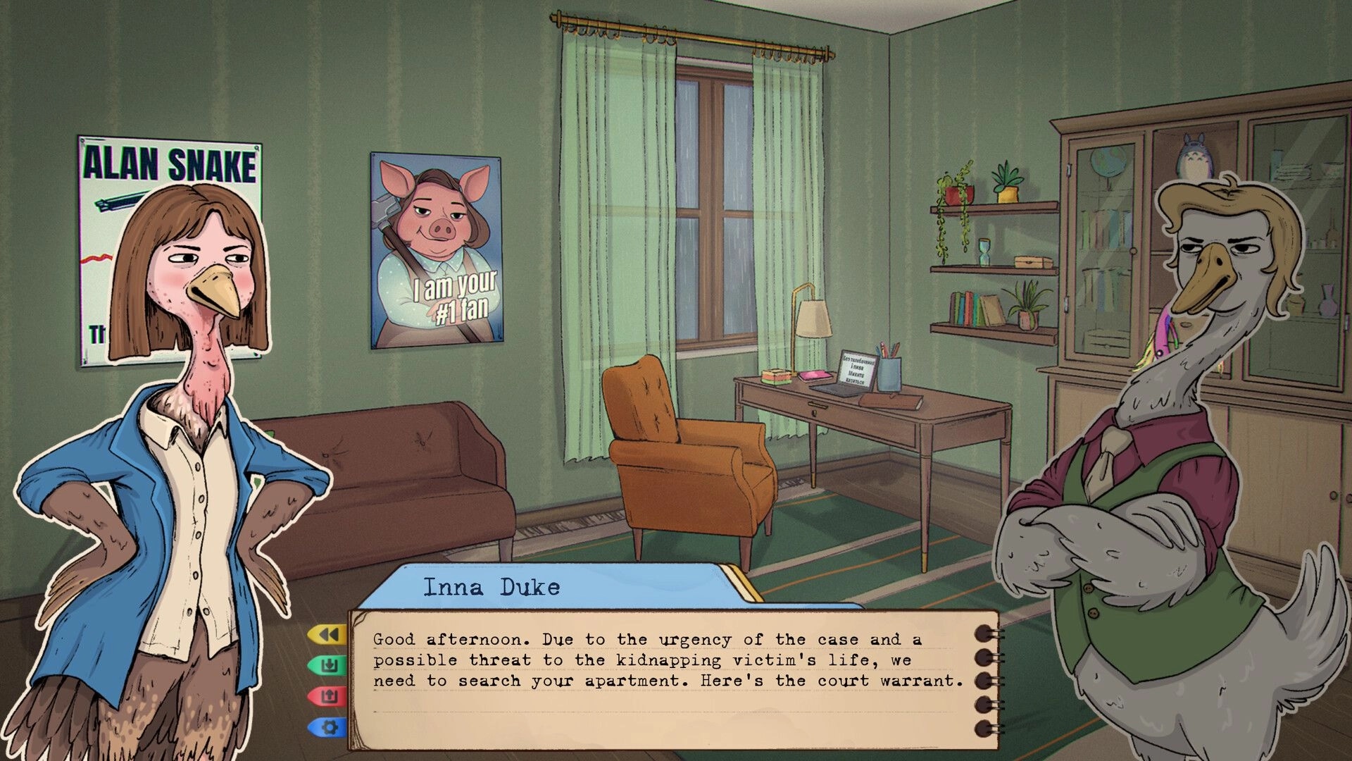 Detective INNA DUKE: Inna and Fernal interrogate in a cozy apartment with posters and a dialogue box visible.