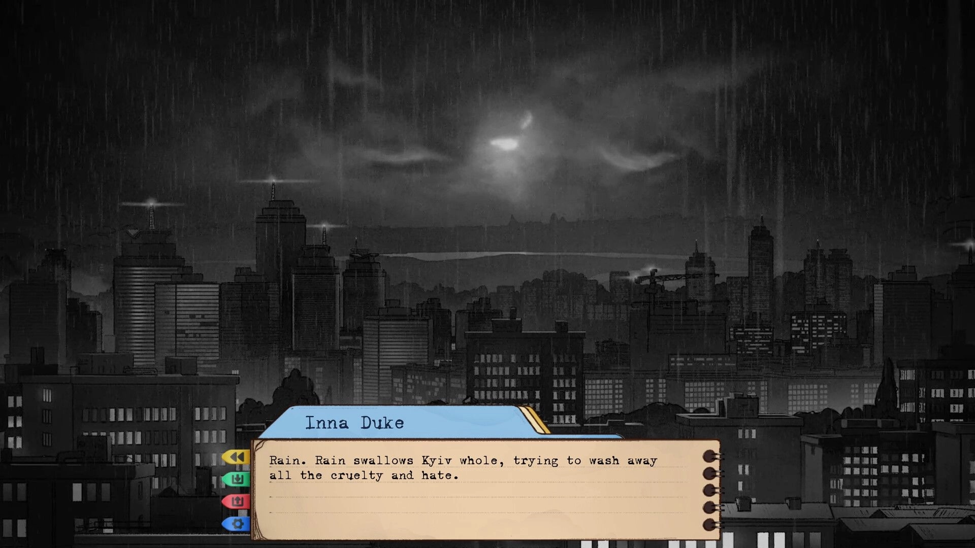 Detective INNA DUKE: Dialogue box with city skyline in rain, reflecting noir atmosphere and narrative.