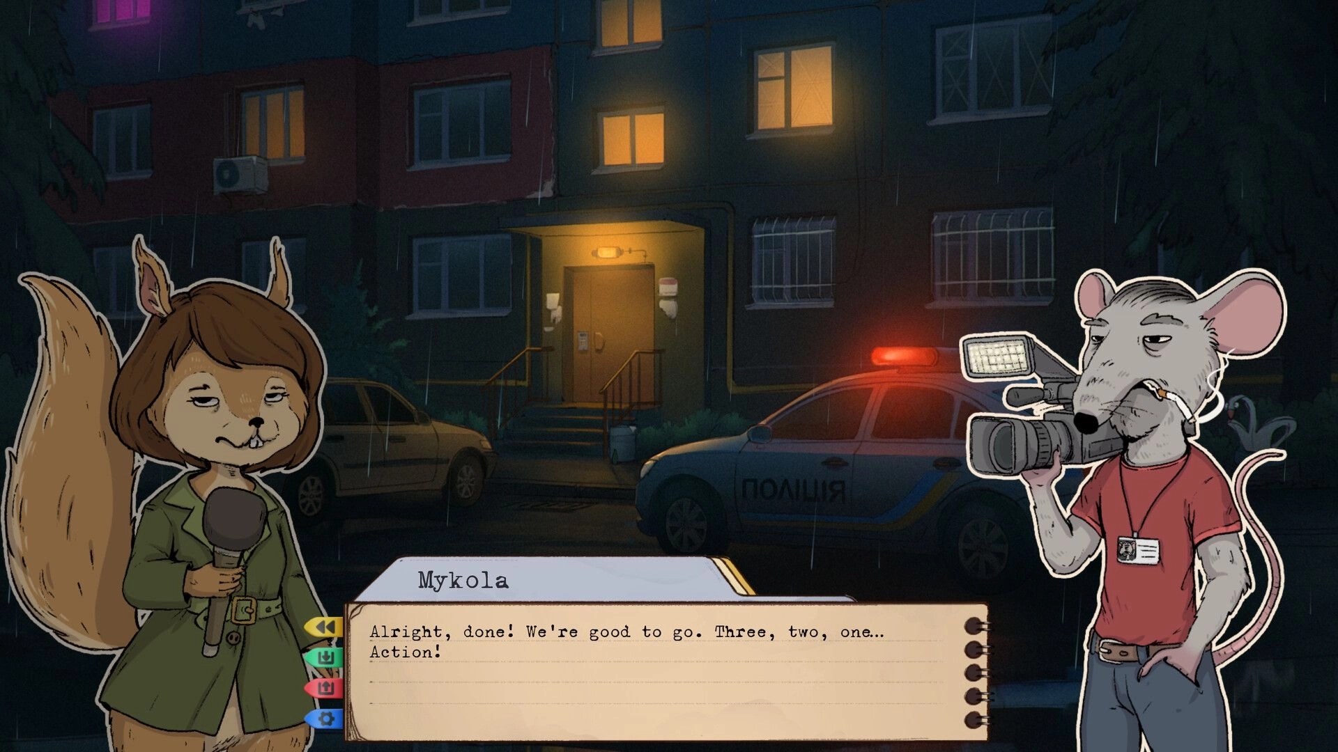 Detective INNA DUKE: Mykola filming outside apartment at night with police car in rainy city street