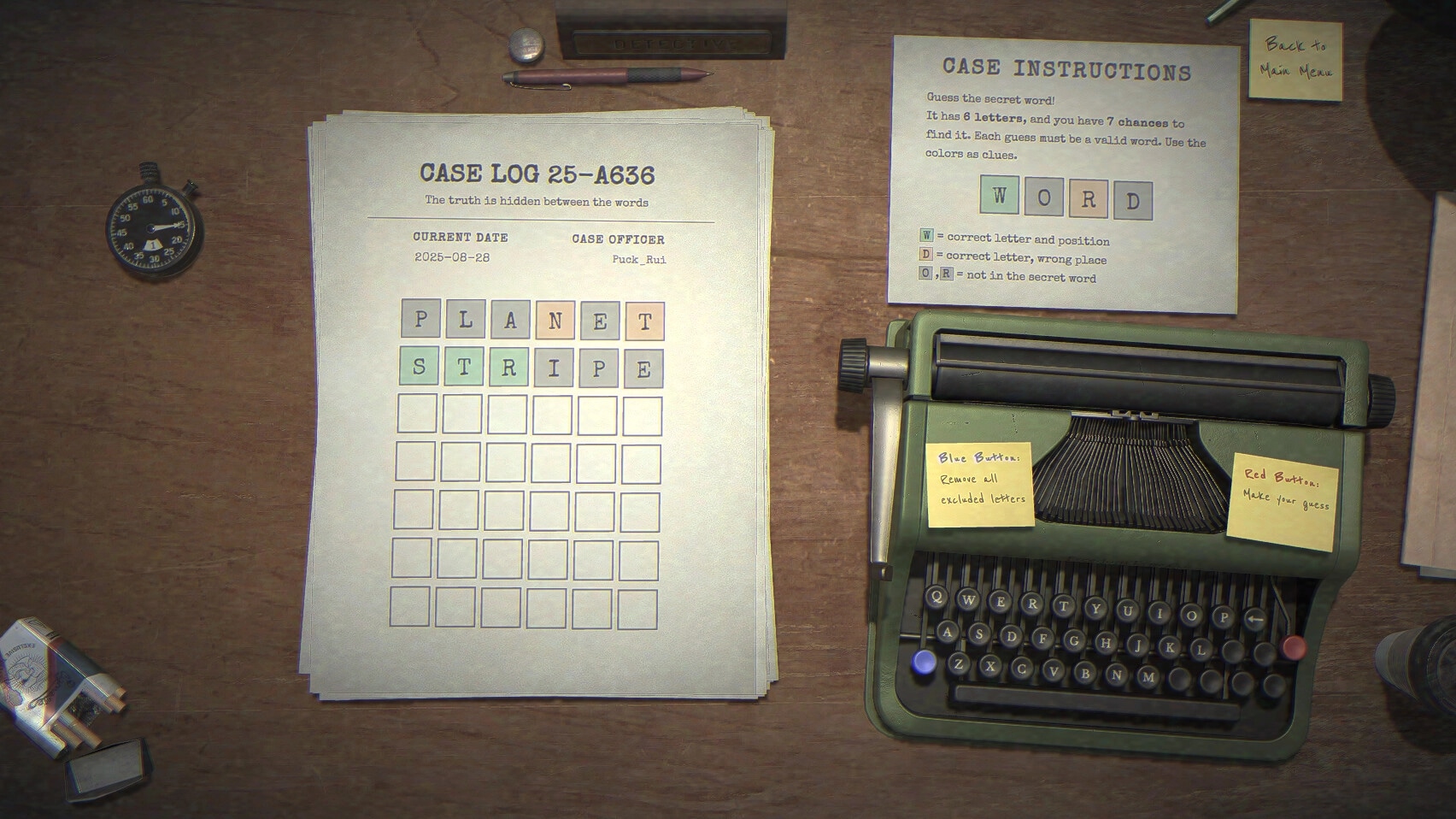 Detective Worden: Case log with word clues and typewriter on detective's desk