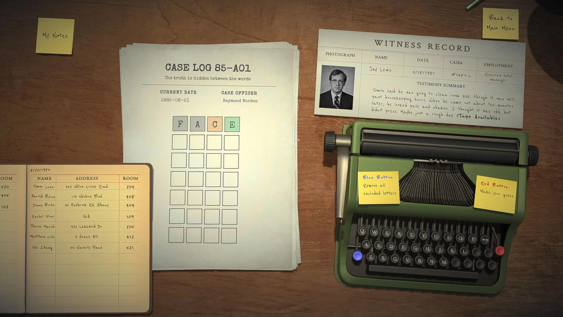 Detective Worden: Case log and witness record on desk with typewriter and clue word puzzle interface