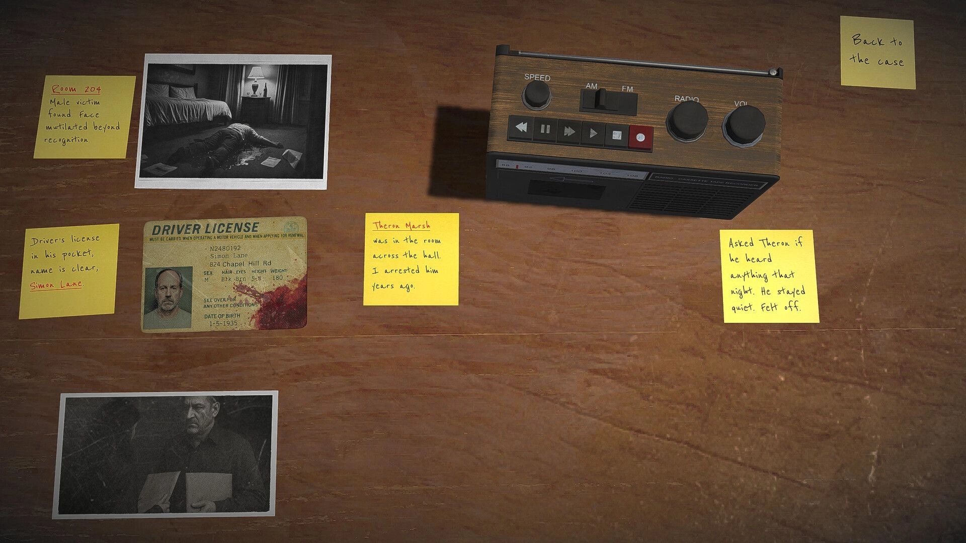 Detective Worden: Evidence table with crime scene photos, driver's license, notes, and a cassette player.