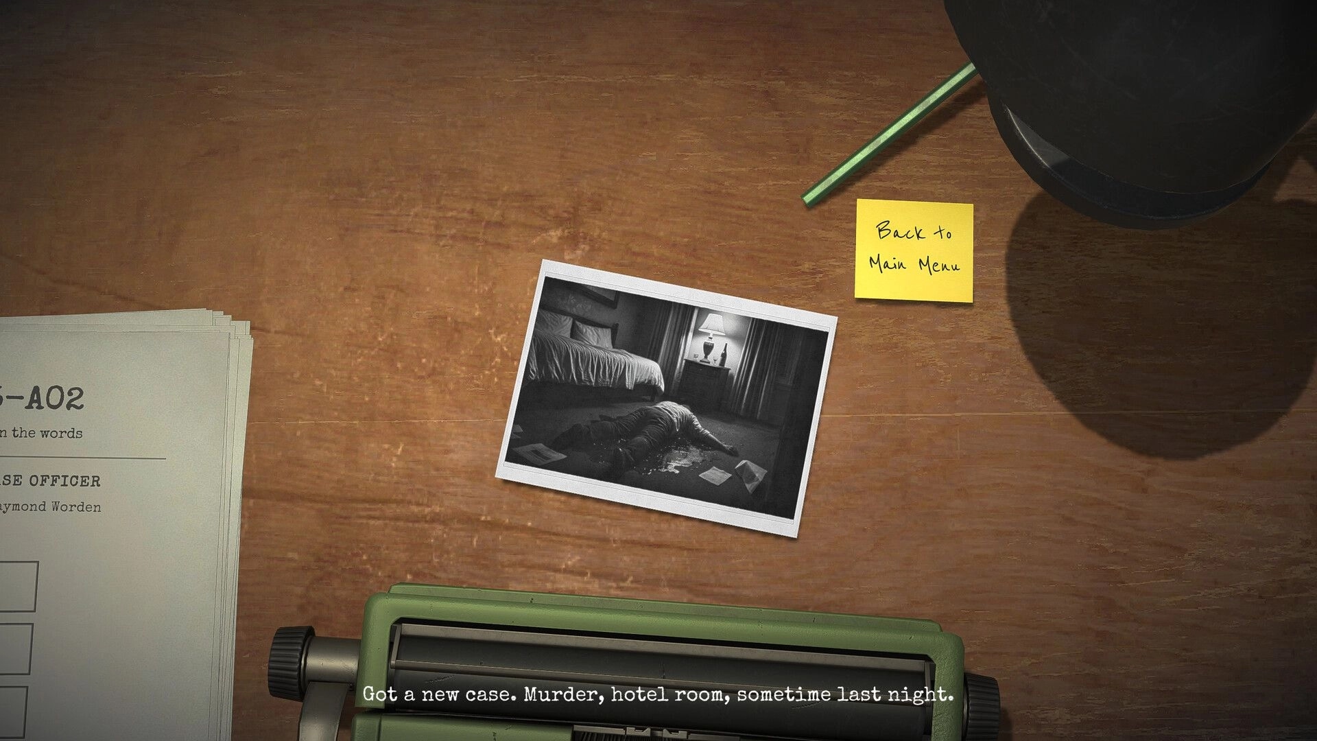 Detective Worden: Crime scene photo on desk with typewriter and sticky note in dim office setting