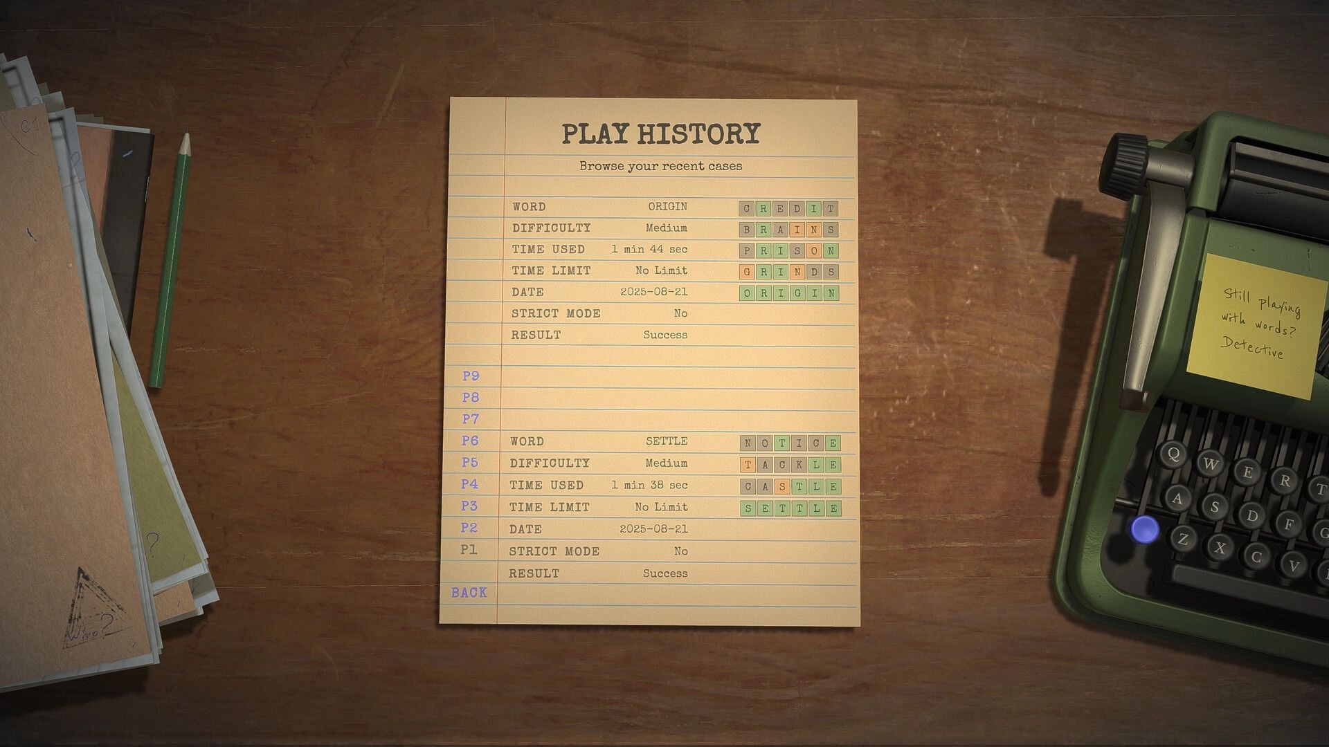 Detective Worden: Play history log with typewriter and evidence files on wooden desk surface