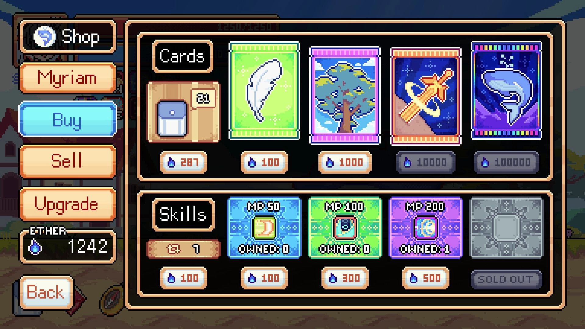 Deus Exia: Myriam shop menu with cards and skills for sale, ether total and buy/sell buttons.
