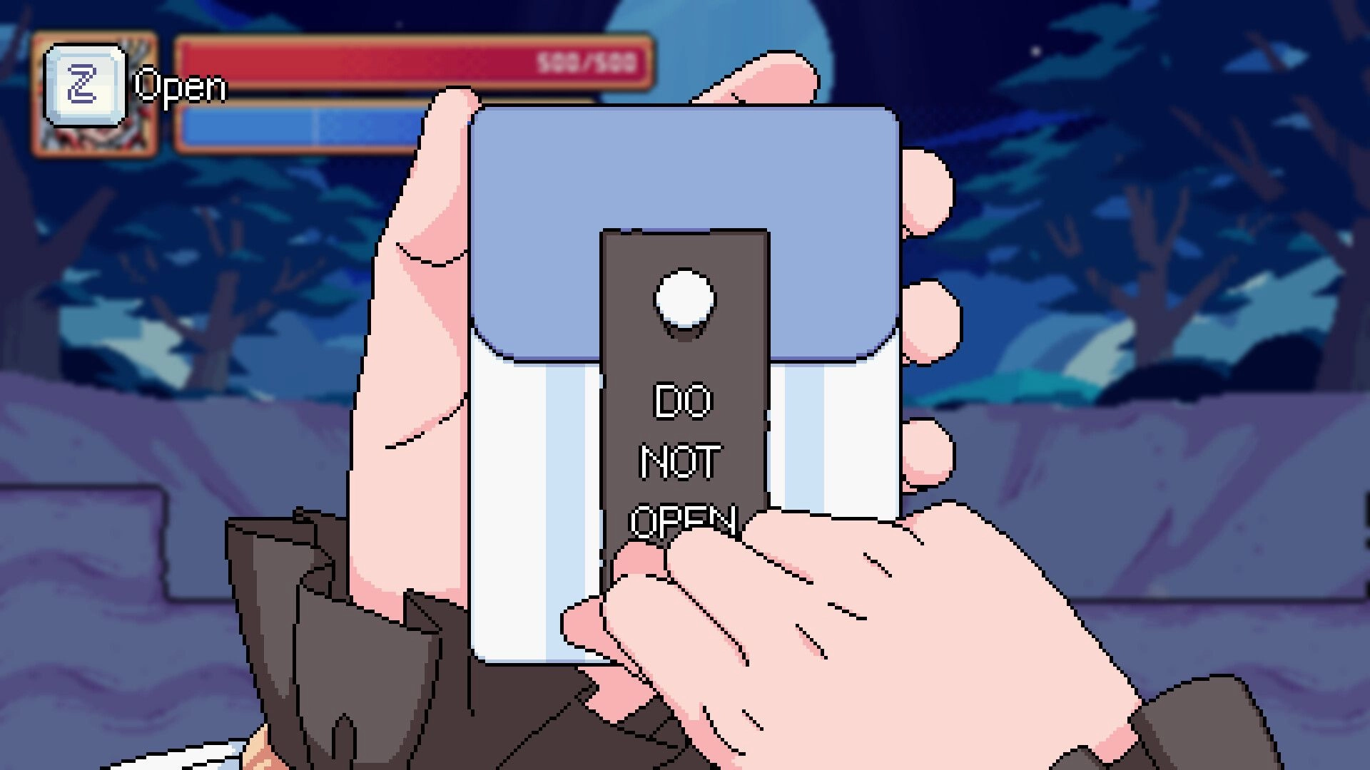 Deus Exia: Prompt to open a locked box marked "DO NOT OPEN" in a nighttime forest scene.