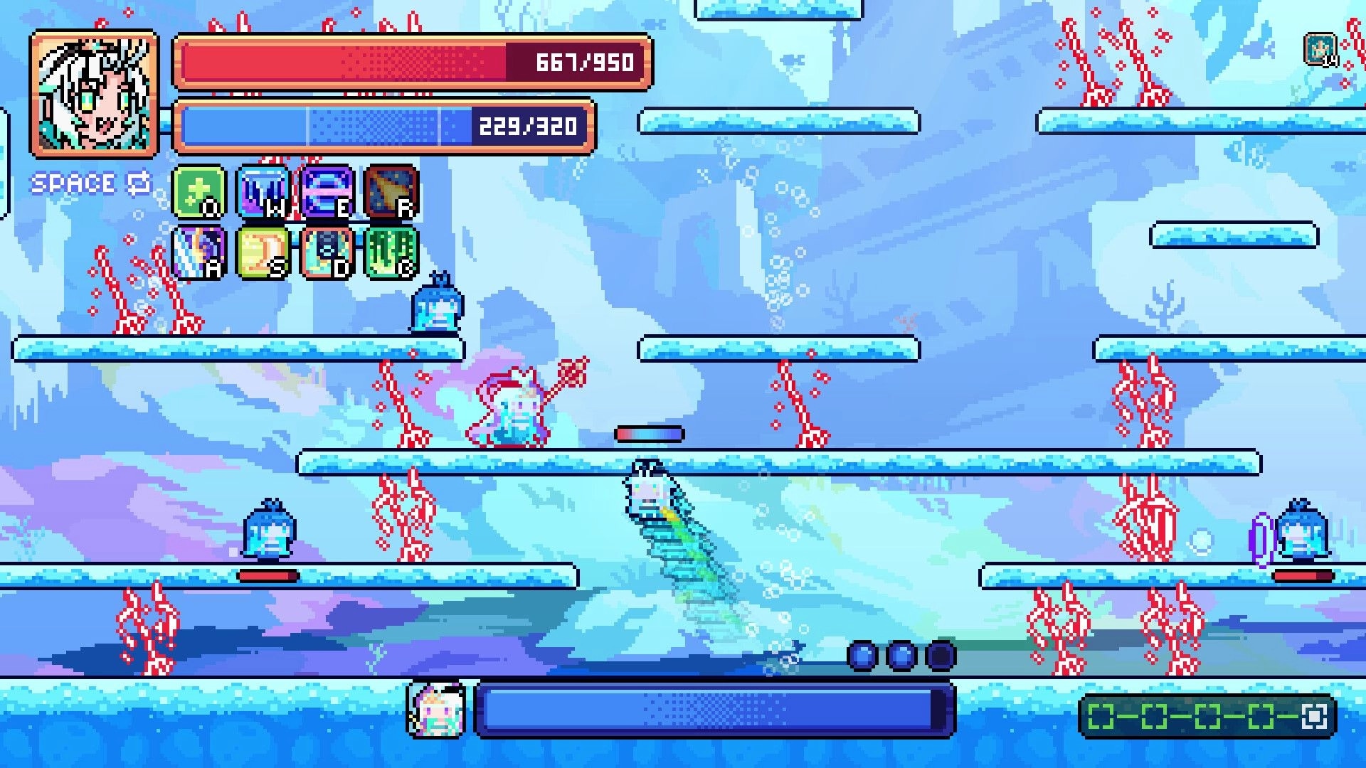 Deus Exia: Player jumps between icy platforms with HP/MP bars and skill icons in frozen cavern.