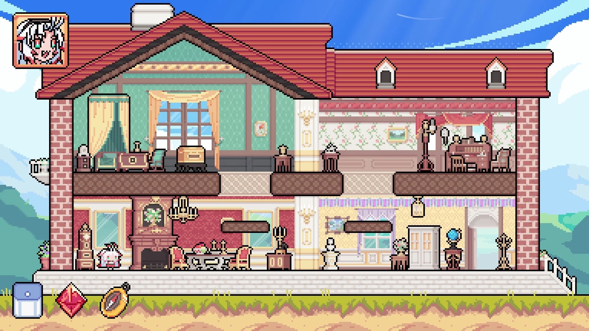 Deus Exia: Cutaway view of a house interior with rooms and furniture, character portrait and icons UI.