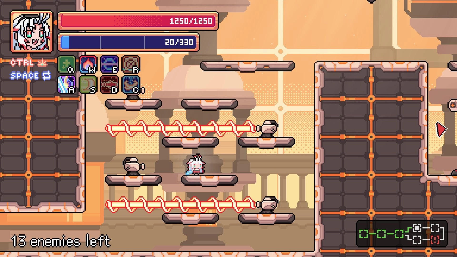 Deus Exia: Player stands on platforms between laser barriers in a sci-fi room with HUD and 13 enemies left.