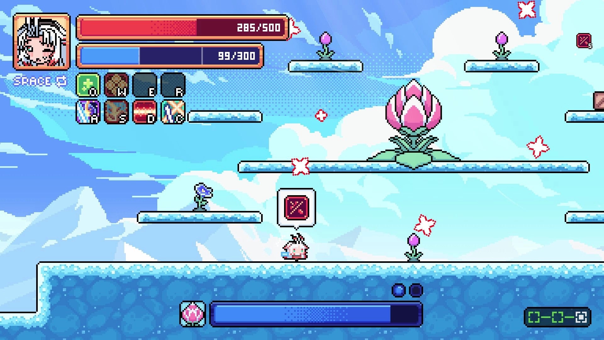 Deus Exia: Player on icy platforms facing a giant lotus boss, with HP/MP bars and skill icons UI.