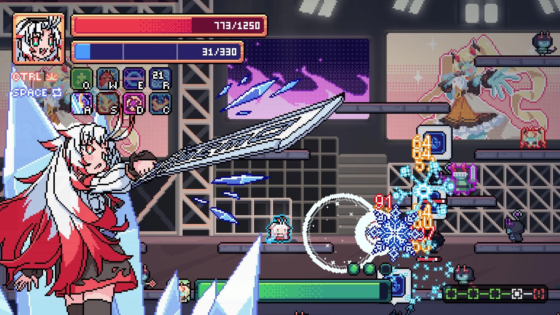 Deus Exia: Sword slash hits a robot with damage numbers in a neon factory stage, HP and skill UI up top.
