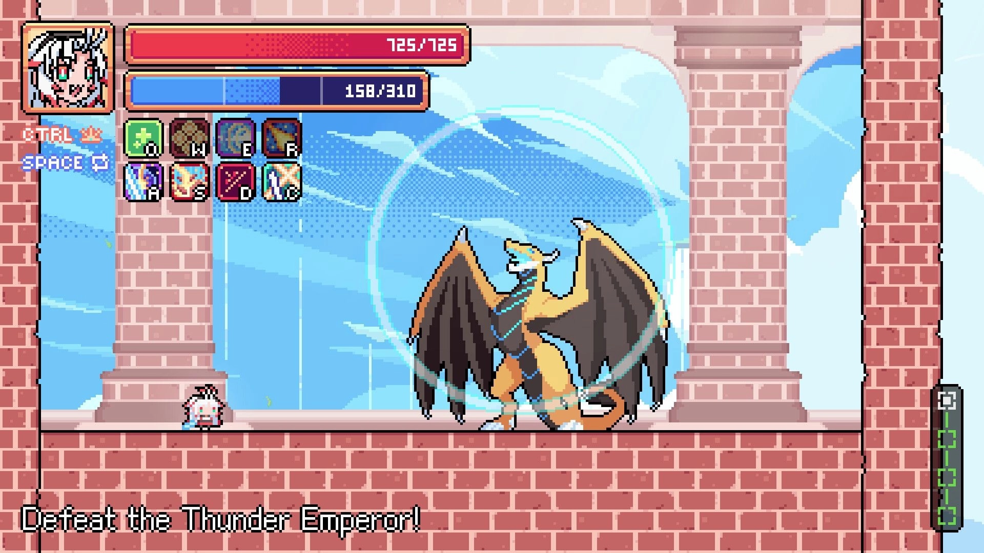 Deus Exia: Boss fight vs winged Thunder Emperor in brick tower arena with HP/MP bars and skill icons.
