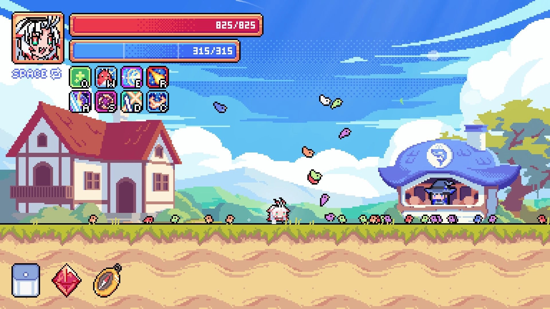 Deus Exia: Player stands in town hub with HP/MP bars and skill icons by houses and shop stall.
