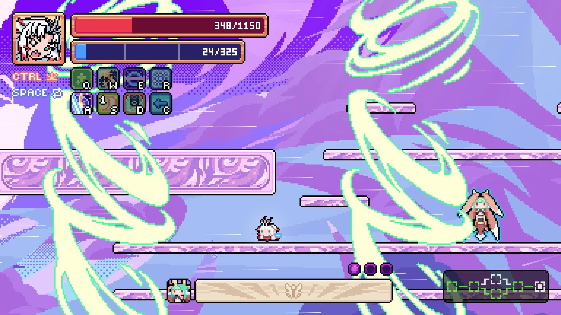 Deus Exia: Platform combat with green energy swirls and HUD bars in a purple sky arena with ledges.