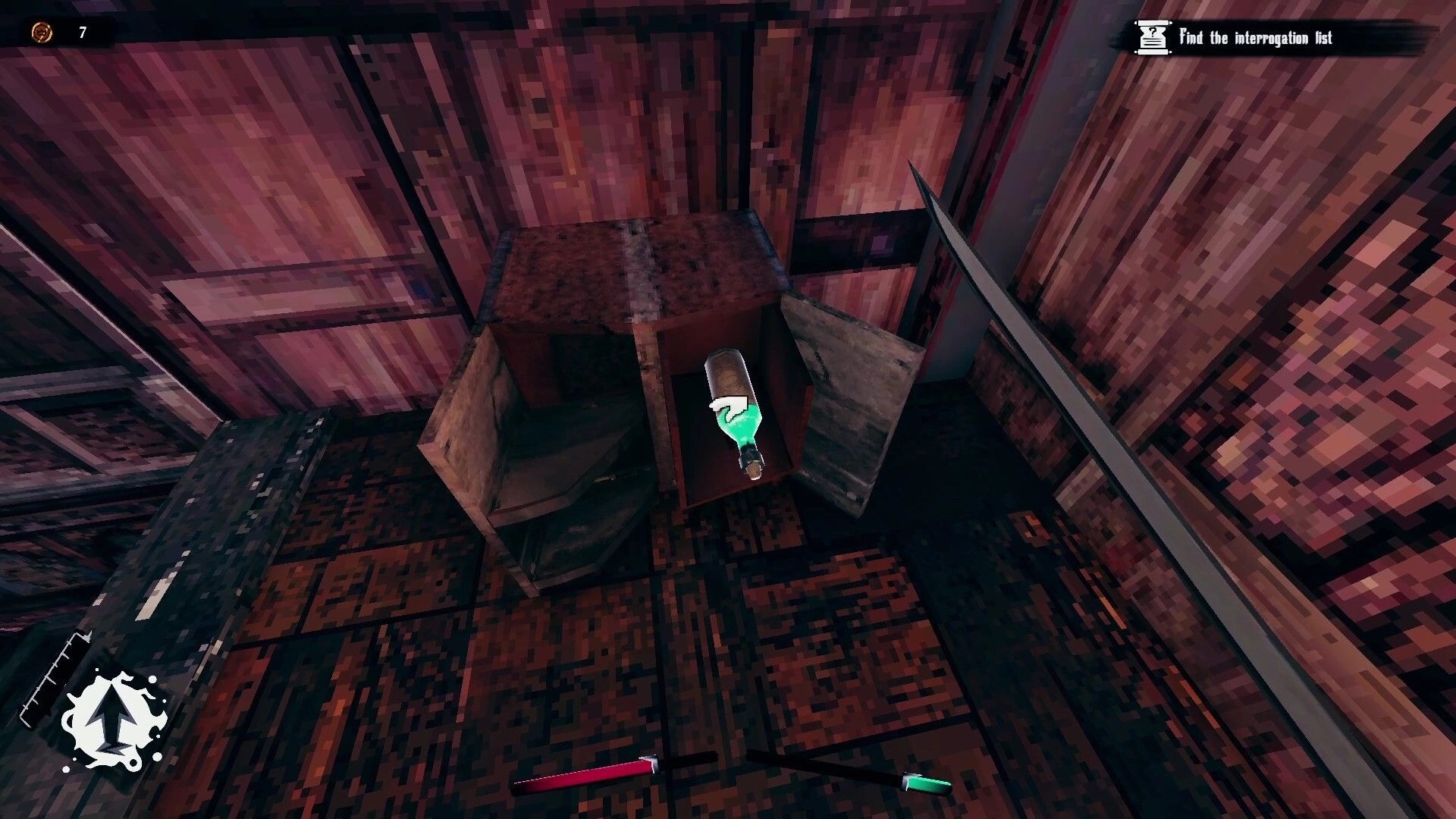 Devoid: Collecting potion from open cupboard in dimly lit wooden room with task marker on screen.