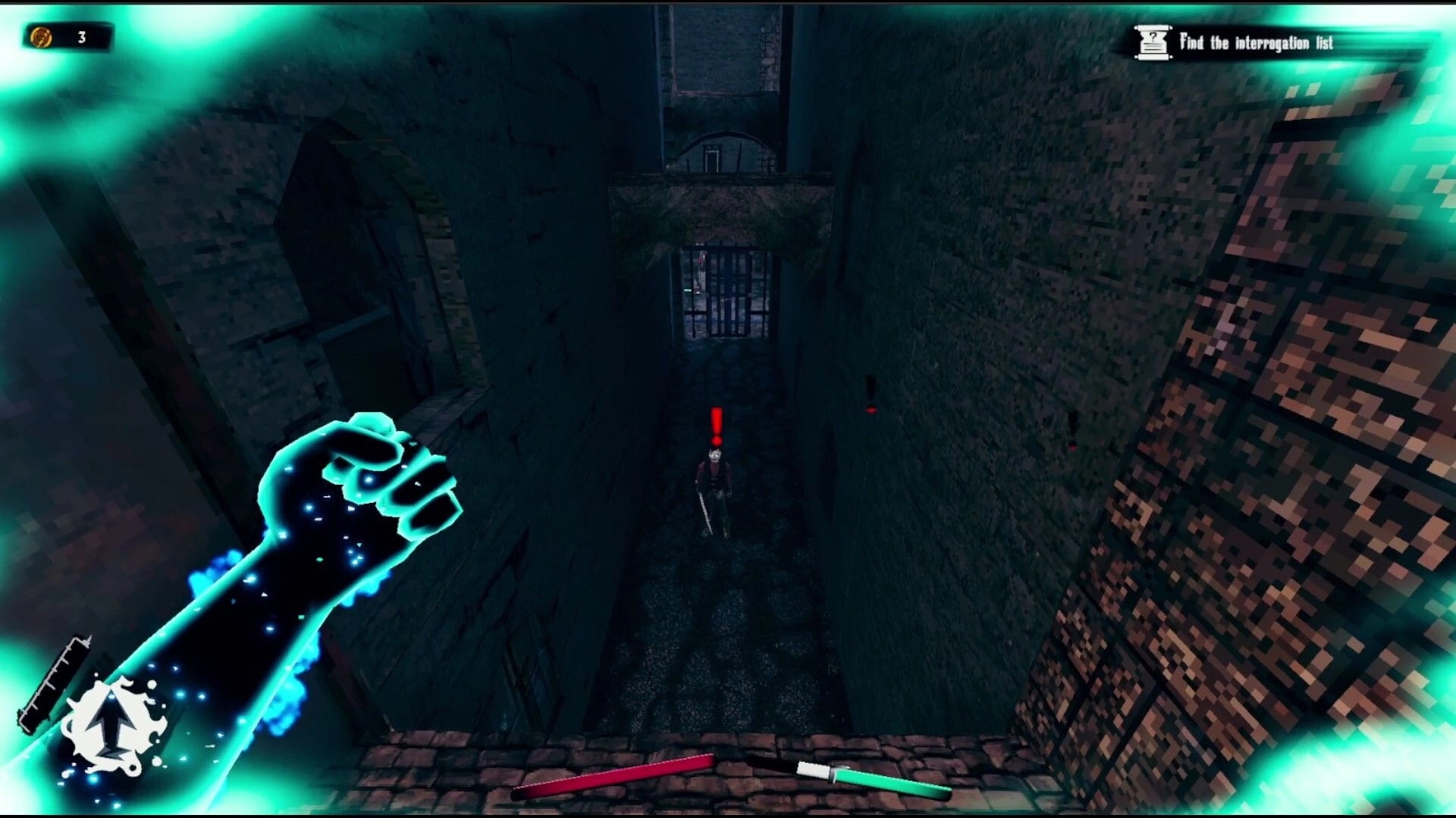 Devoid: Magical fist viewed in first-person aiming at enemy in narrow medieval alleyway with quest text
