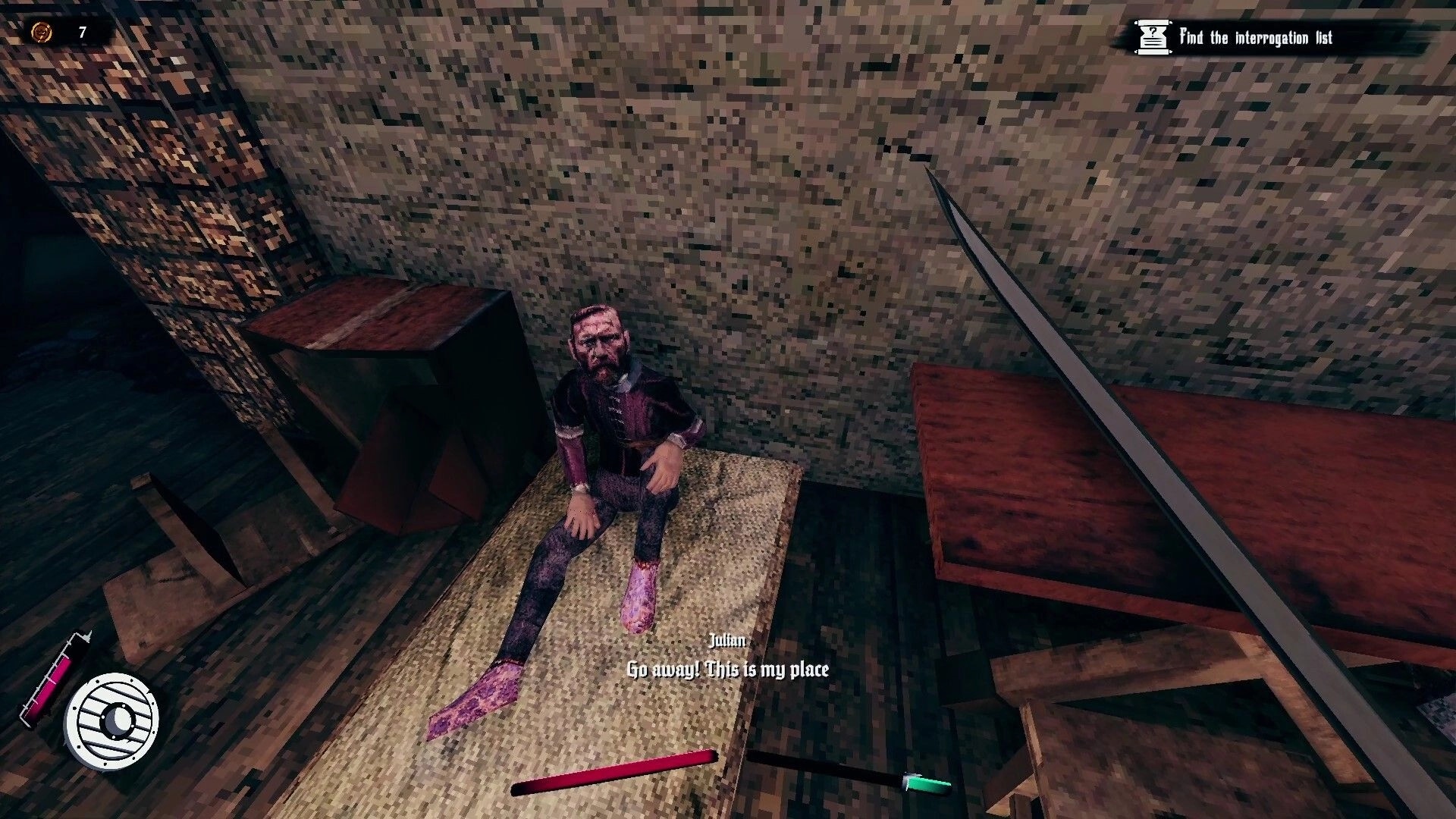 Devoid: Confrontation with Julian in a dimly lit room, sword drawn, quest objective visible above