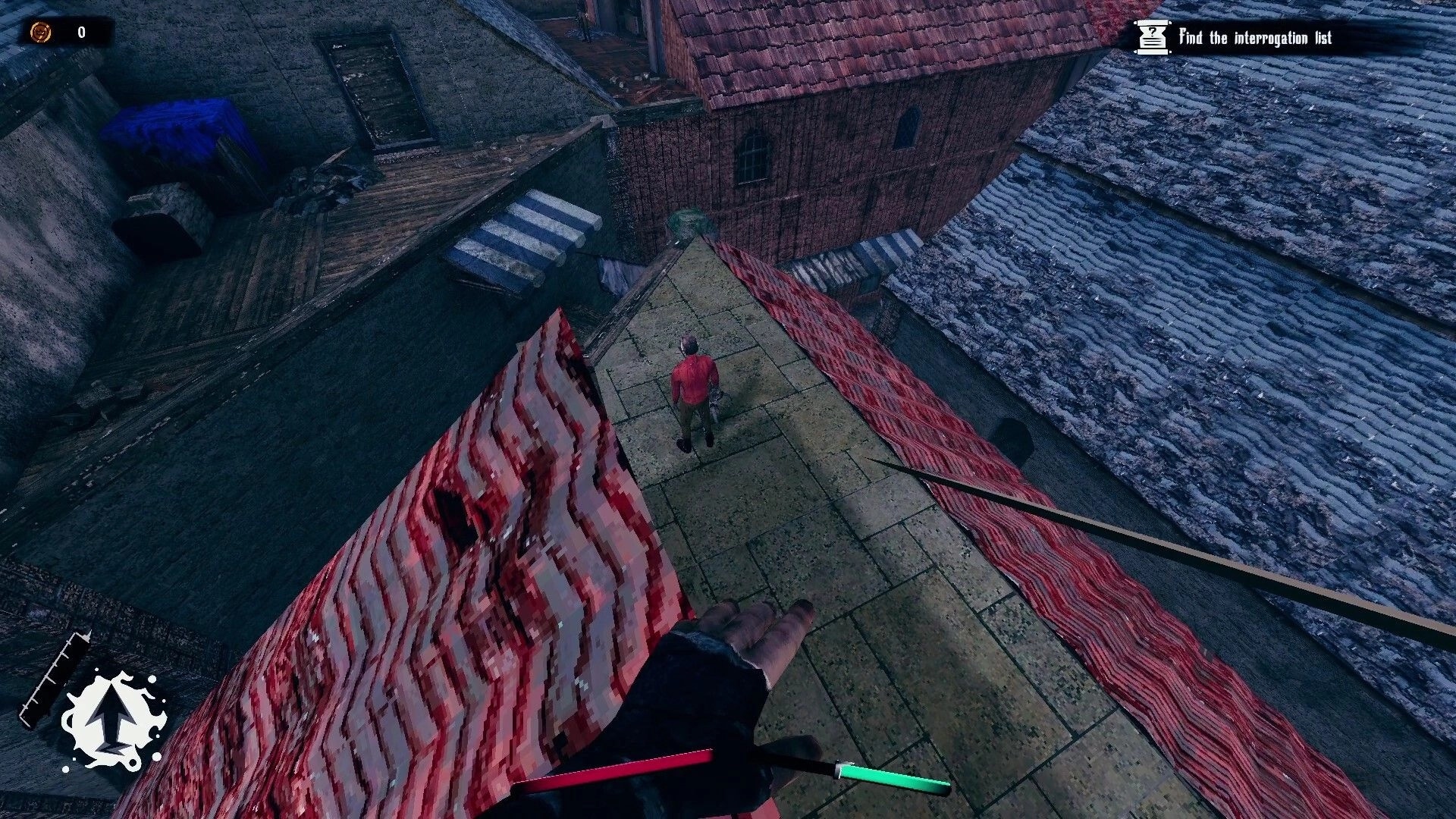 Devoid: Player poised on rooftop aiming at enemy with crossbow in medieval town setting