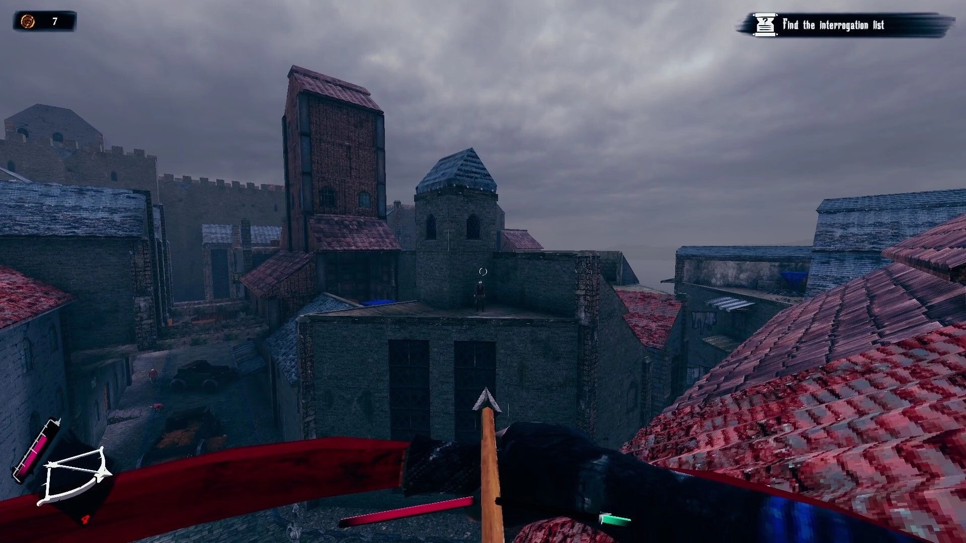 Devoid: Crossbow aimed at distant enemy on medieval rooftops with quest objective in top corner