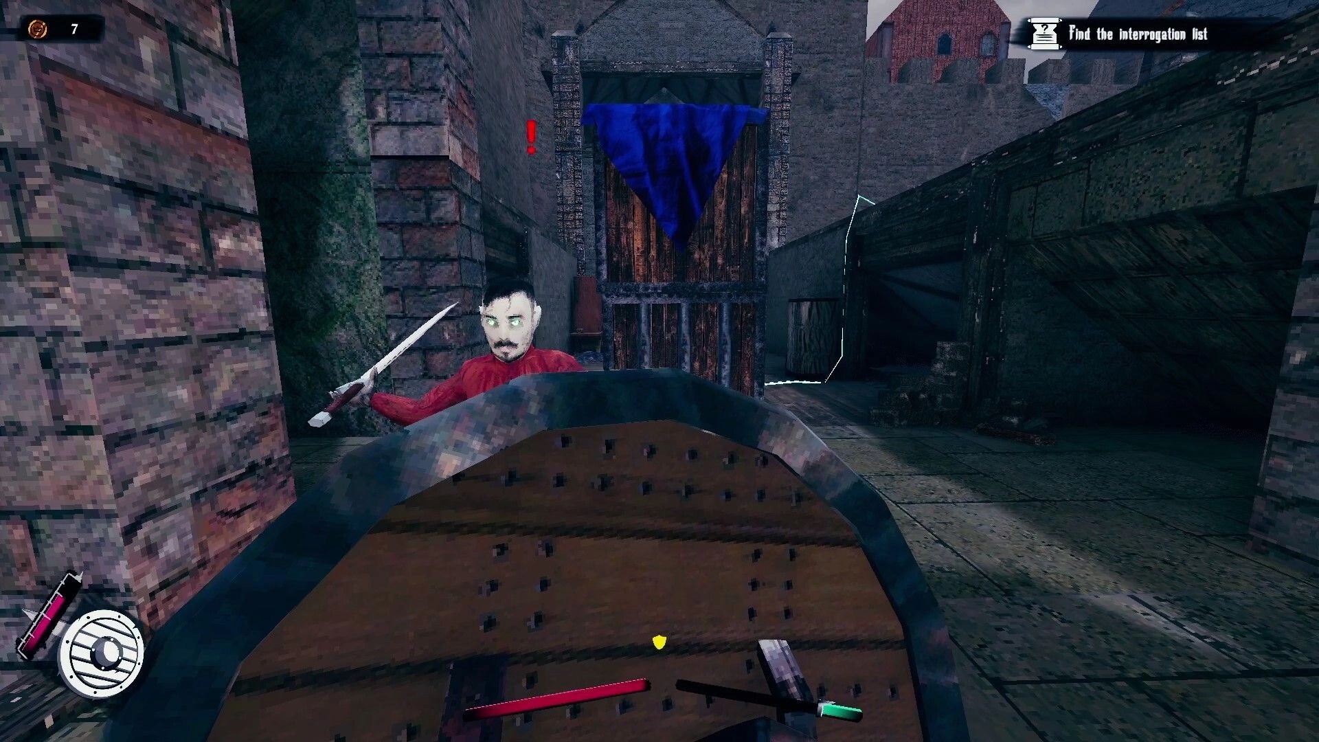 Devoid: First-person combat with sword-wielding vampire in a medieval courtyard with quest objectives visible