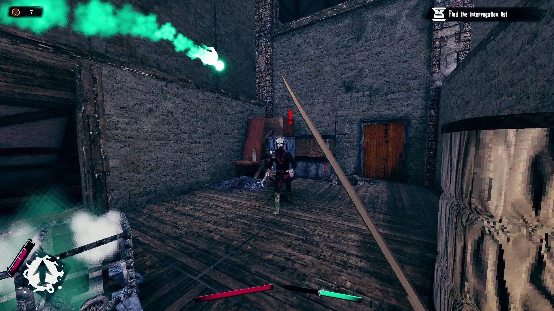 Devoid: Player confronts vampire in stone chamber, sword drawn, with task prompt and health bars visible.