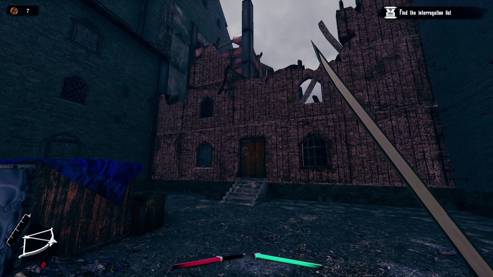 Devoid: Sword drawn in a dark medieval alley, quest objective to find interrogation list displayed