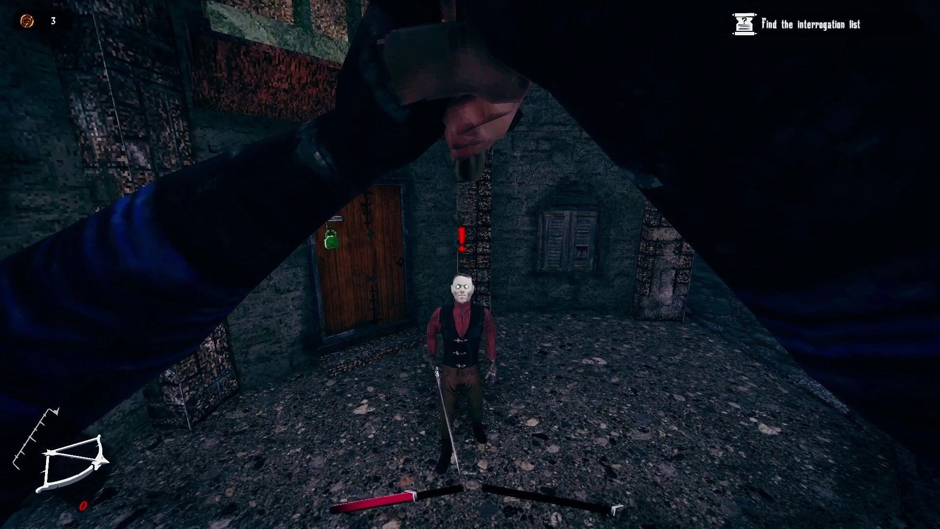 Devoid: First-person view of player attacking a vampire in a medieval village courtyard at night.