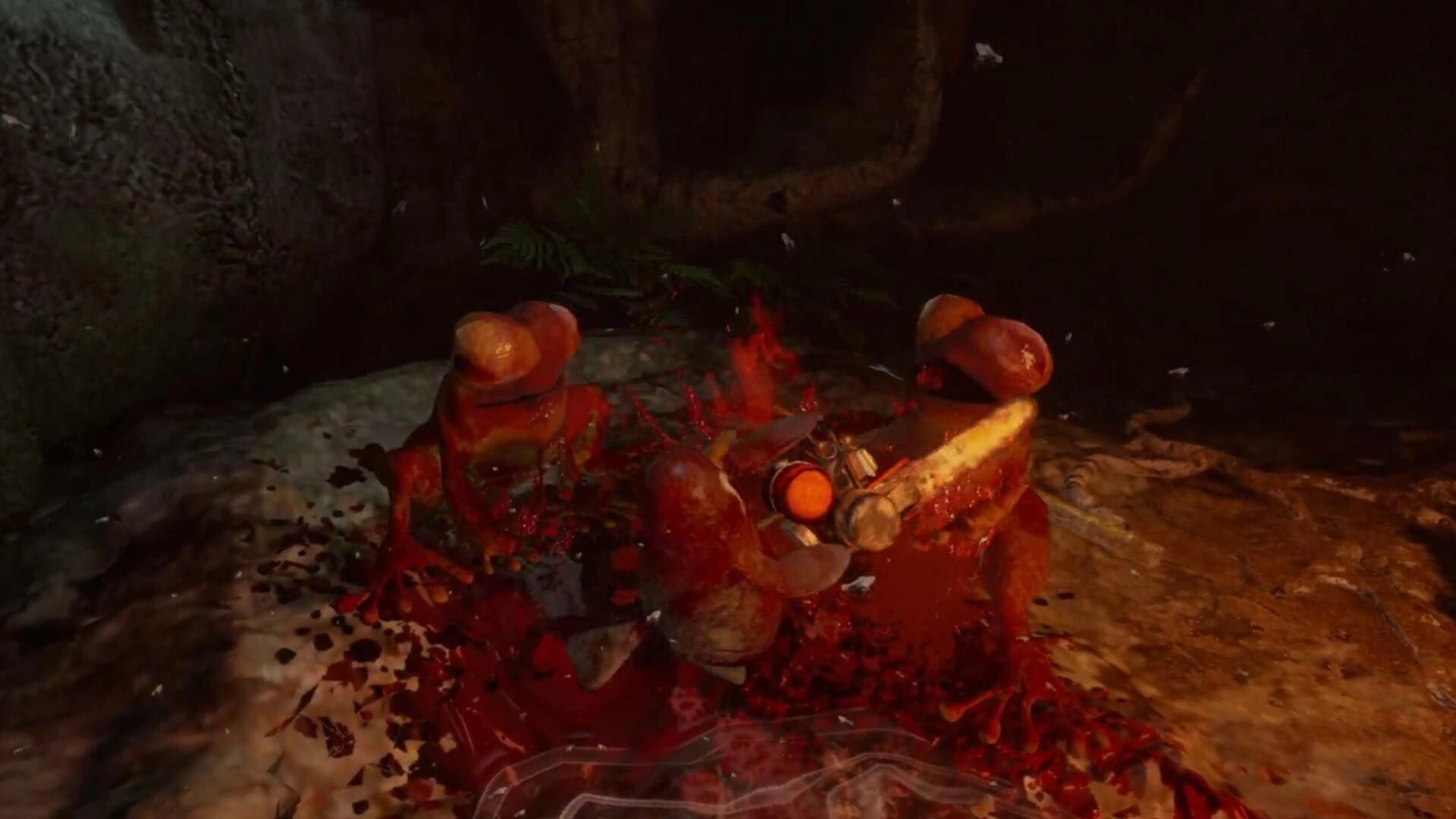 Devora: Combat with three red creatures in dark sewer environment, blood splattering dramatically