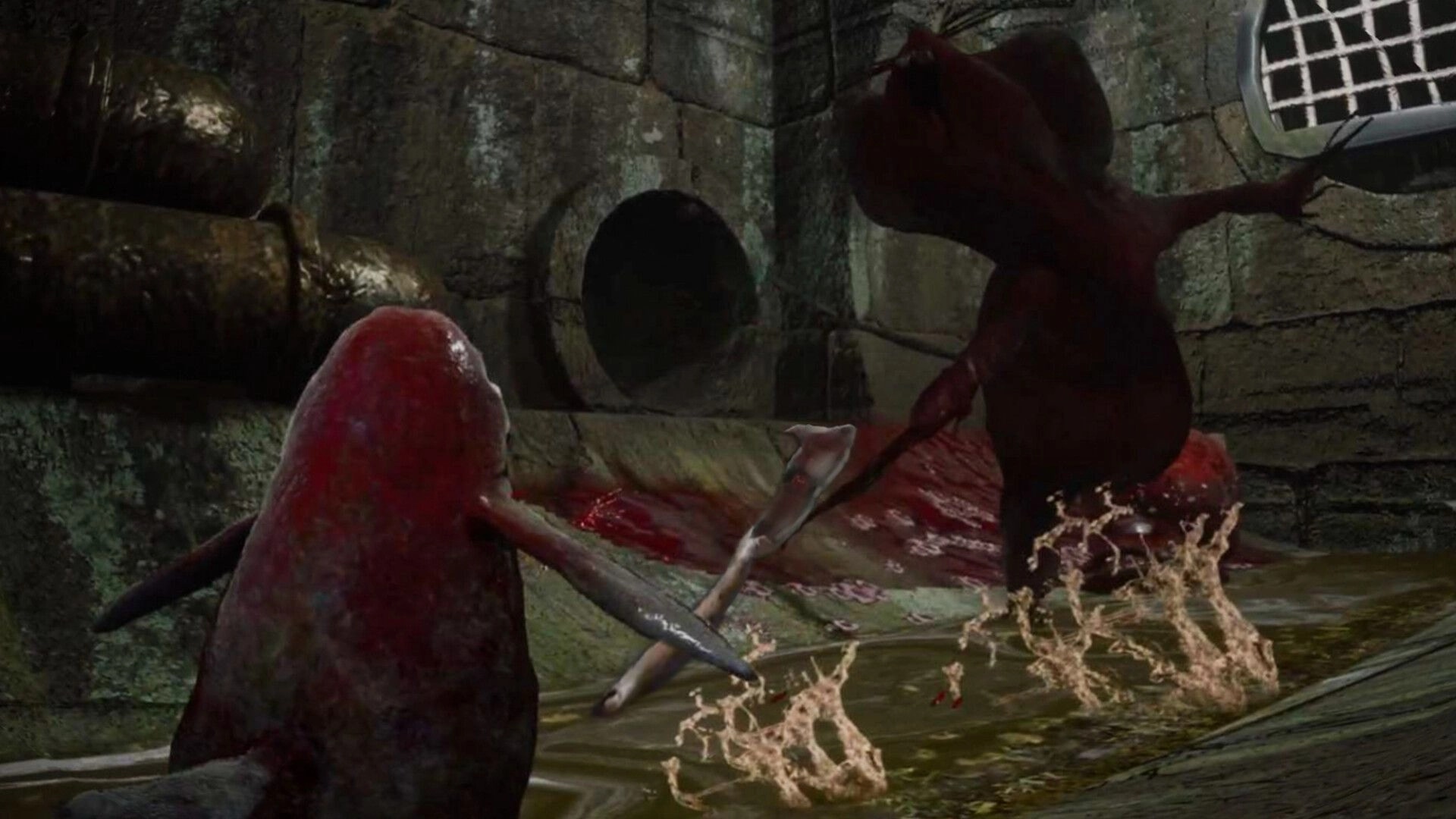 Devora: Bird fighting large rat in dimly lit sewer with splashing water and grimy stone walls