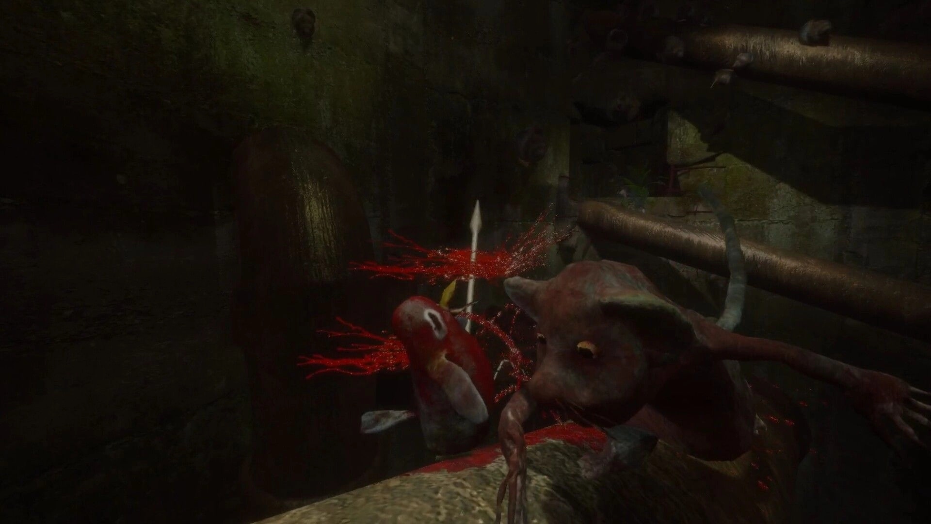 Devora: Bird attacking sewer rats with spear; dark, grimy underground environment with pipes.