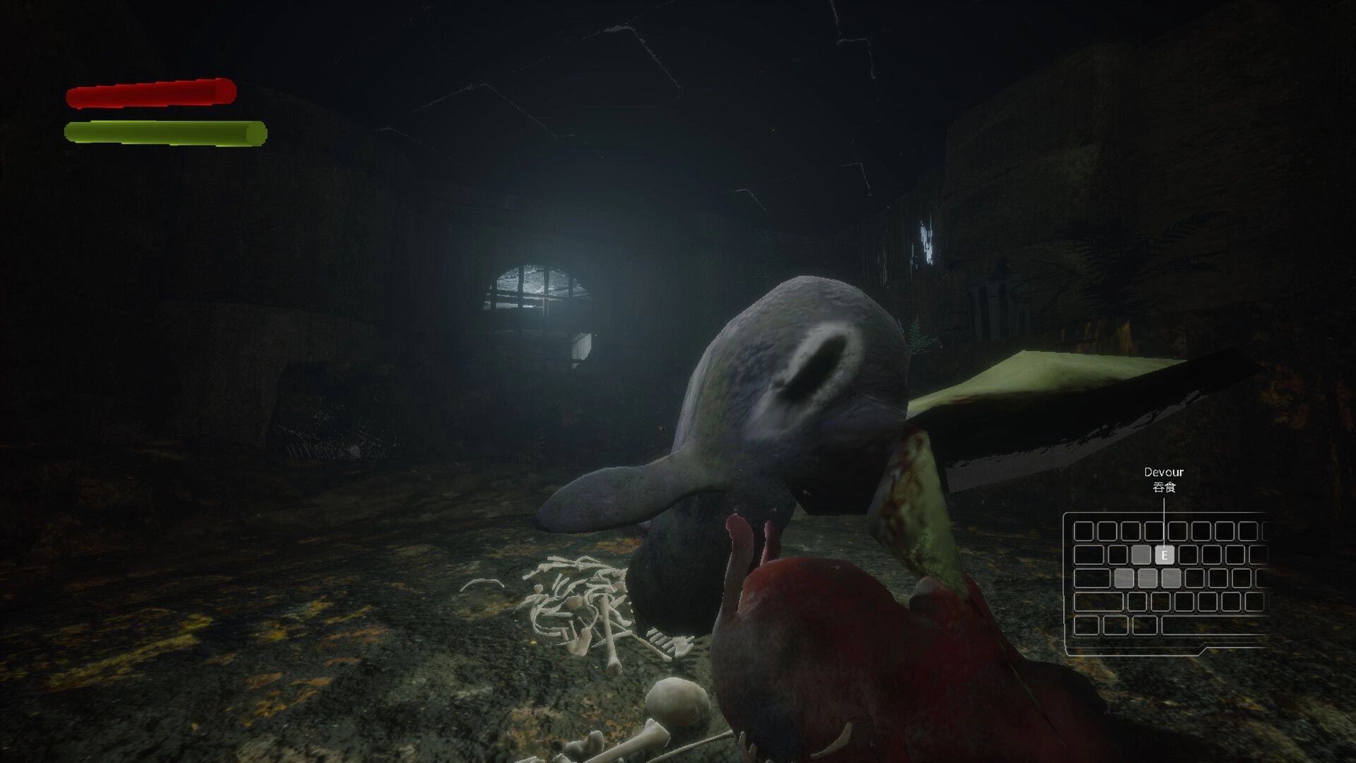 Devora: Bird character devouring prey near bones in dark sewer with health bars and devour prompt visible.