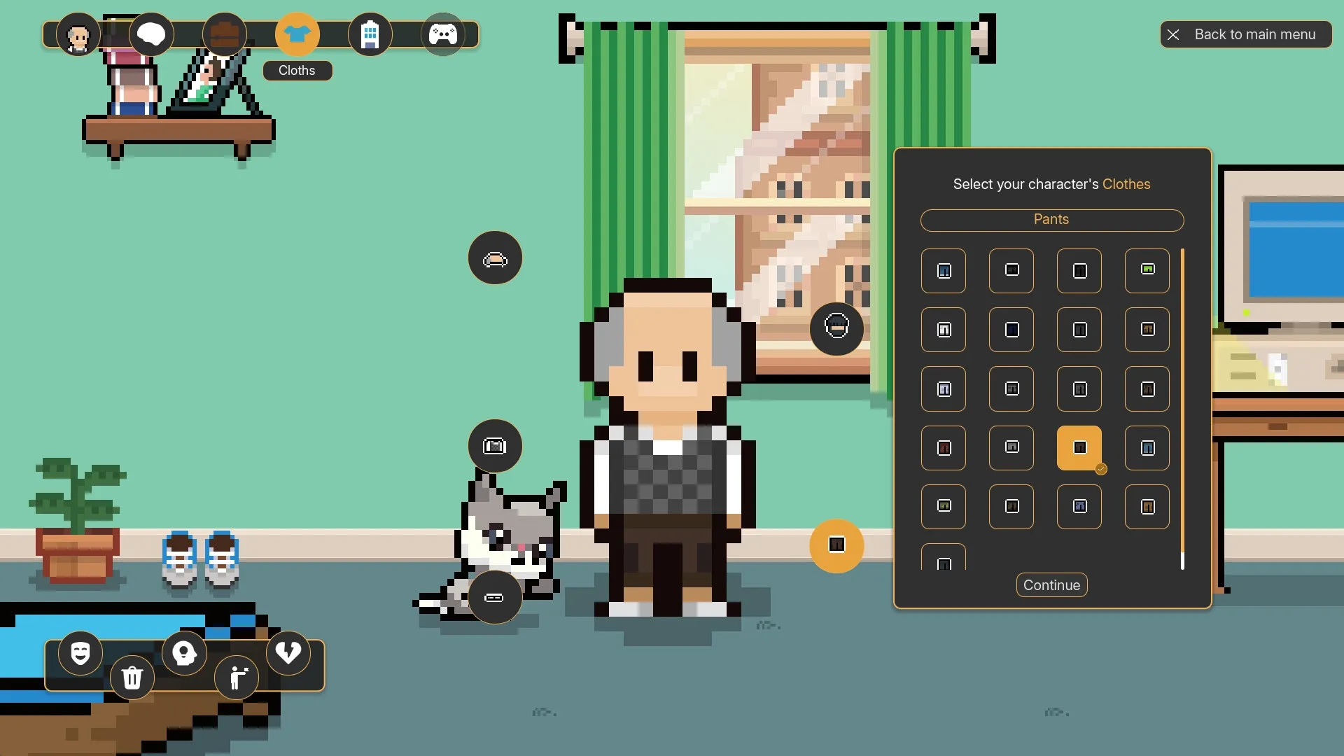 DevTycoon: Character customization screen with clothing options in a pixel art office setting
