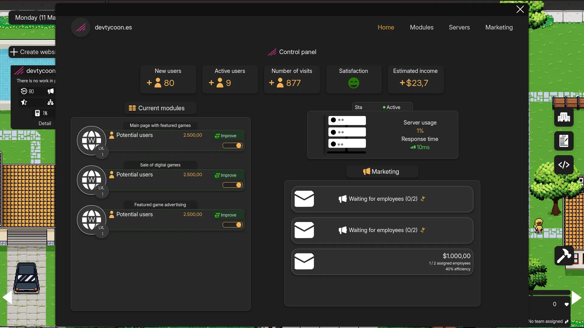 DevTycoon: Control panel with user stats, server usage, and module management on pixel art background