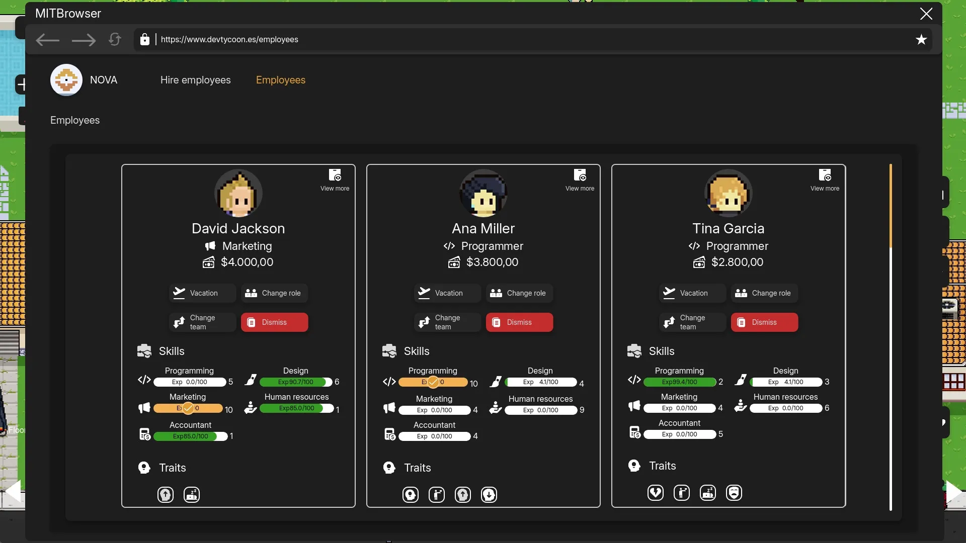 DevTycoon: Employee management screen with skills, roles, and salary information for three characters