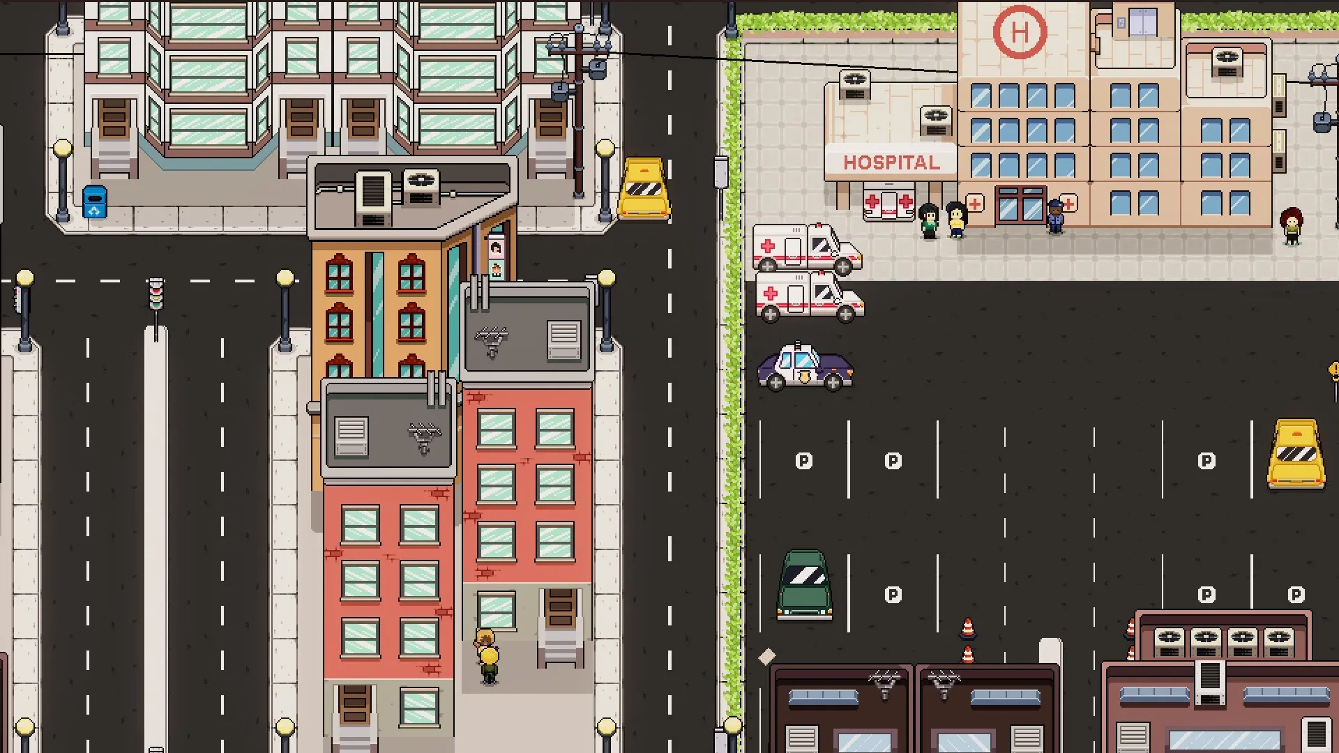 DevTycoon: Overhead city view with bustling hospital, parked ambulances, and busy streets