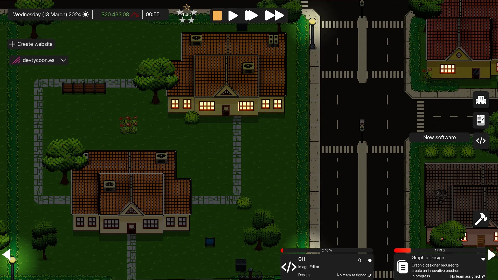 DevTycoon: Nighttime office buildings and street with "Create website" and "New software" options visible