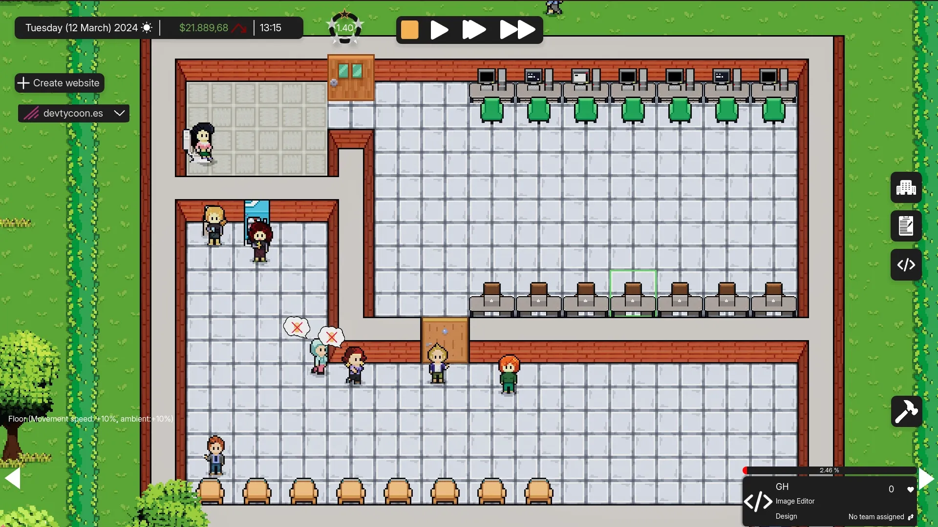 DevTycoon: Office layout with employees, computers, and UI elements for creating a website project