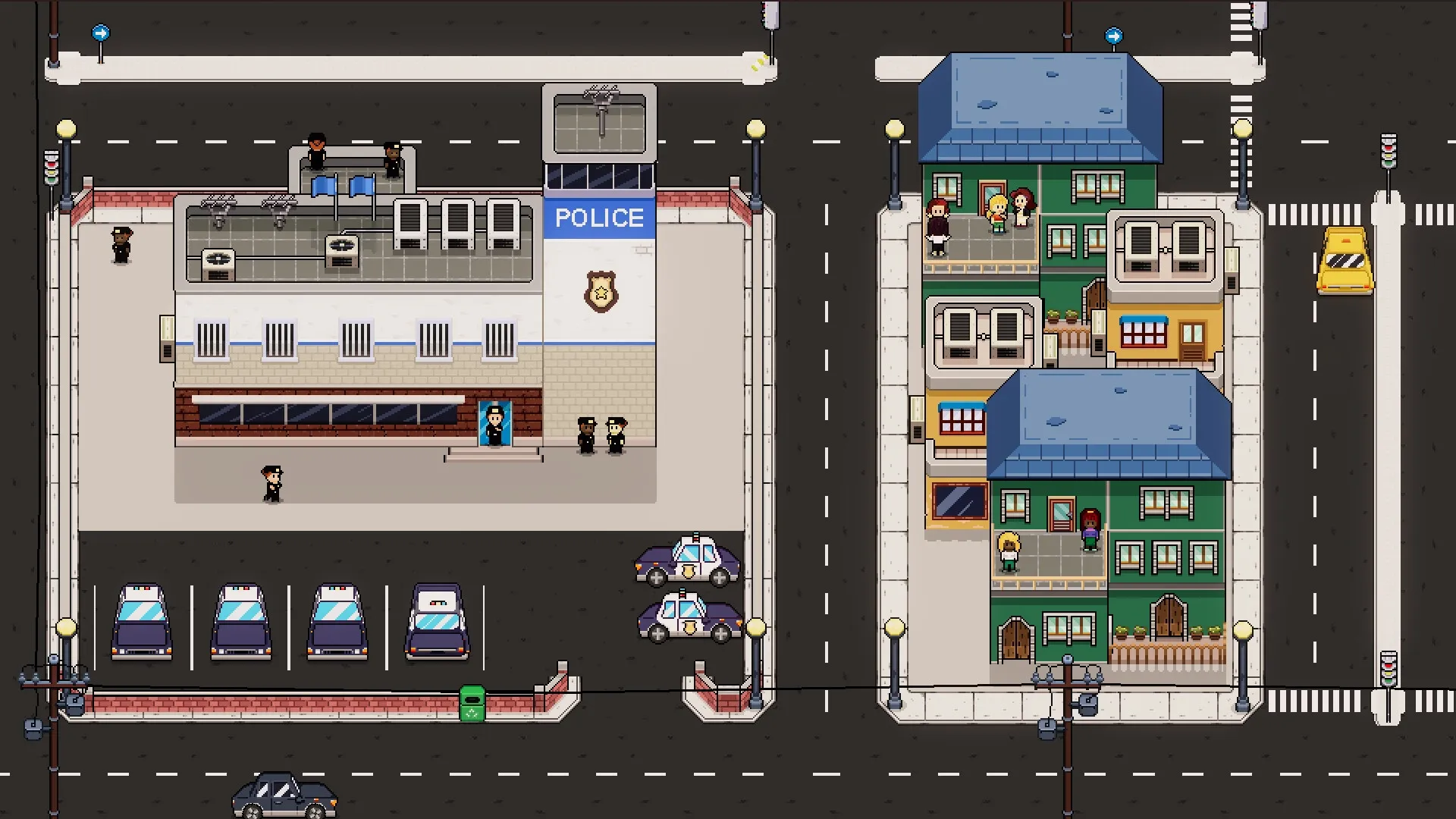 DevTycoon: Overhead view of police station and adjacent residential buildings in a bustling city street