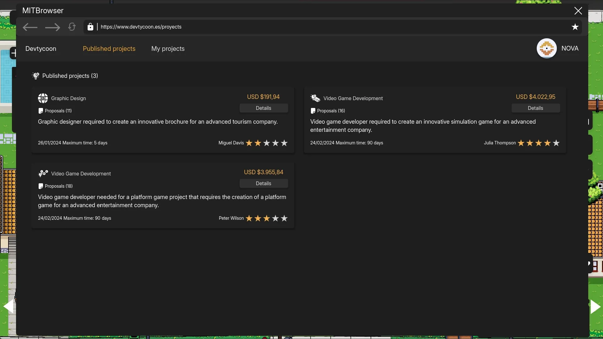 DevTycoon: Project management interface showing published projects with details and star ratings