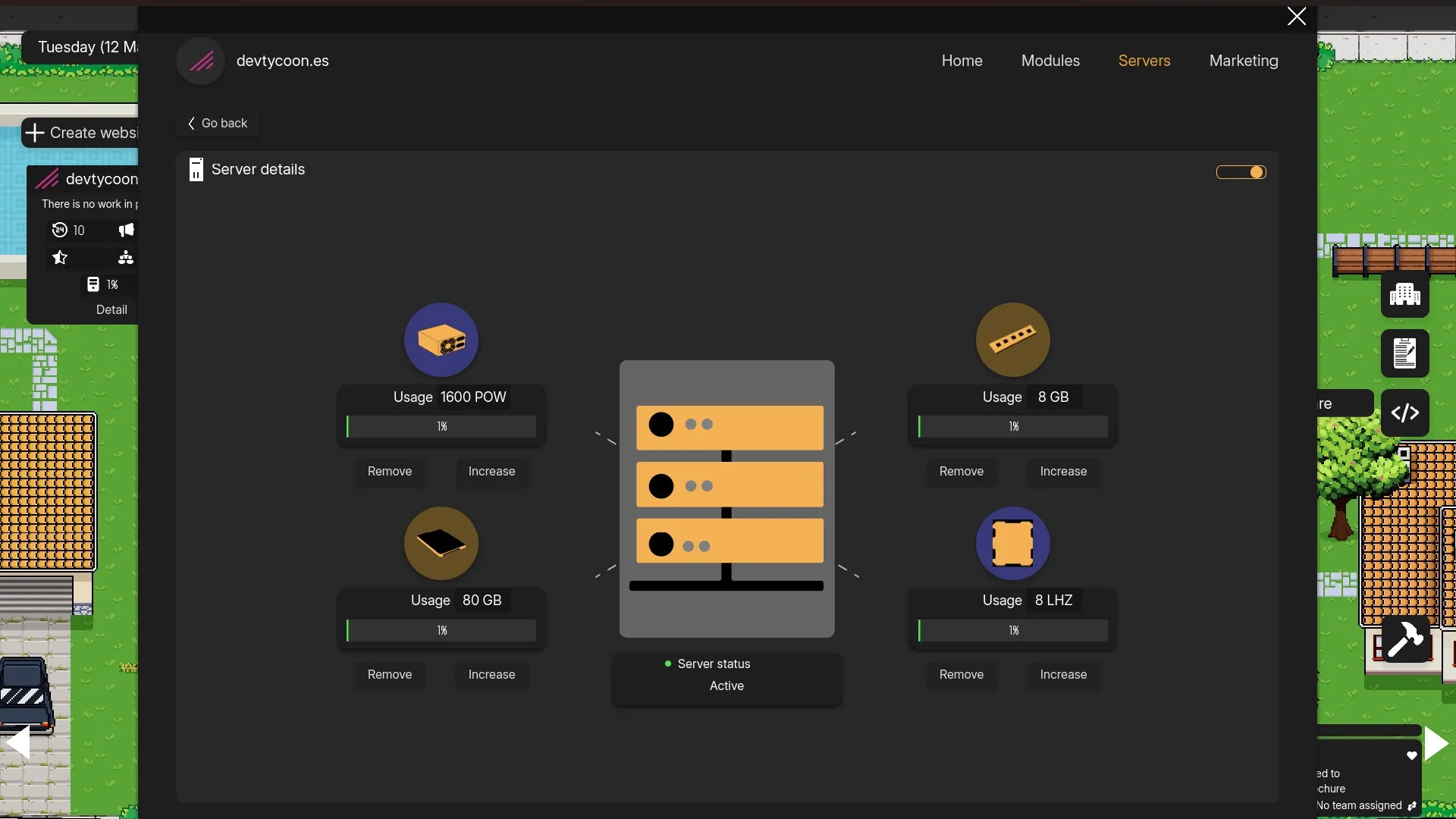 DevTycoon: Server management interface with resource usage stats and increase or remove options