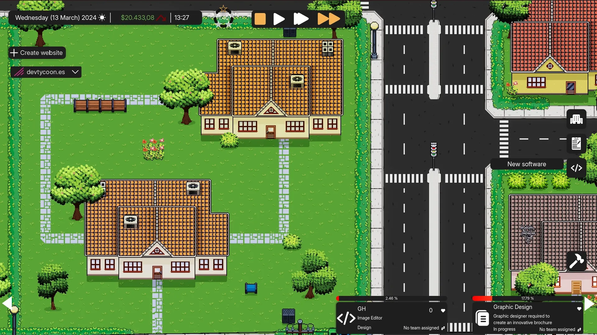 DevTycoon: Overhead view of company buildings and street with project management UI elements visible