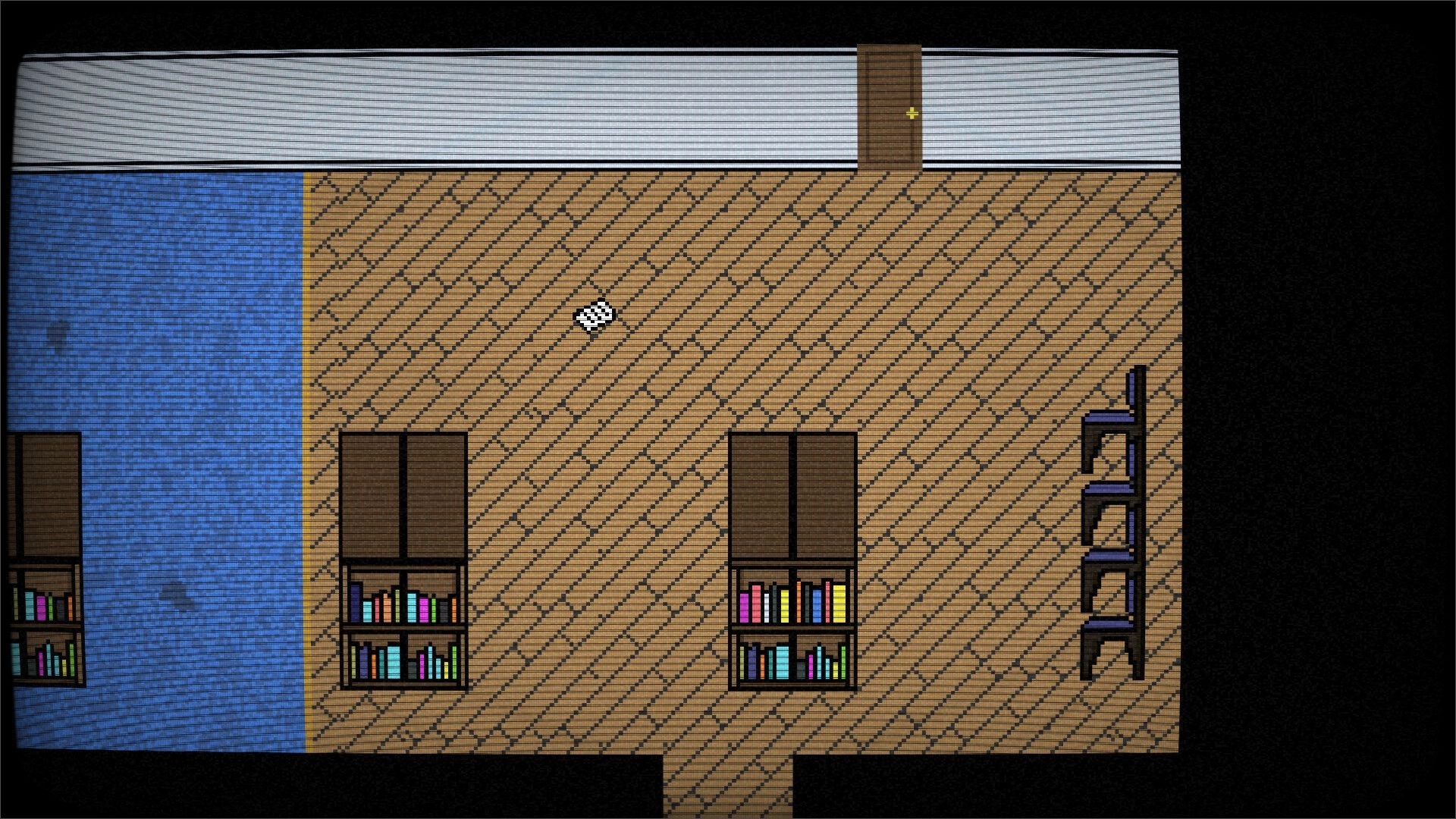 DIAPAUSE: Overhead view of a dimly lit library with bookshelves, chairs, and a closed door in a cabin.