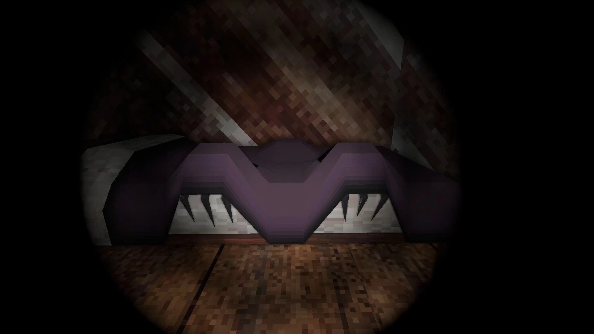 DIAPAUSE: Close-up of a monster with sharp teeth in a dimly lit wooden cabin hallway.