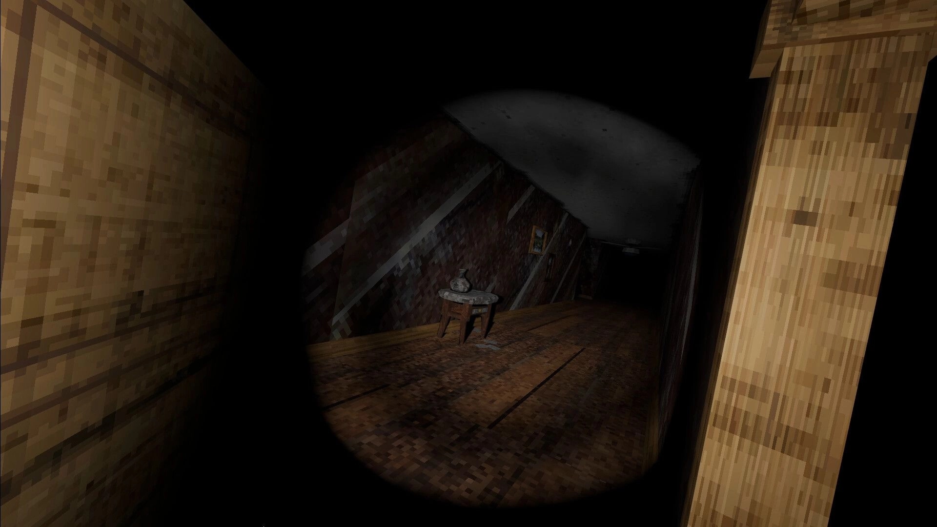 DIAPAUSE: Dimly lit hallway with wooden floors, small table, and flashlight beam illuminating the darkness