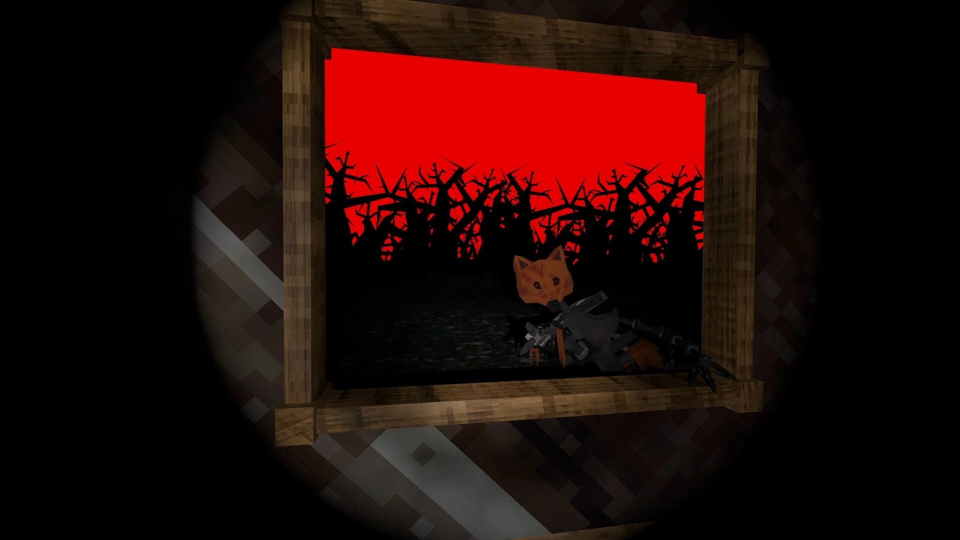 DIAPAUSE: A fox-like creature peers through a window into a forest with a bright red sky at night.