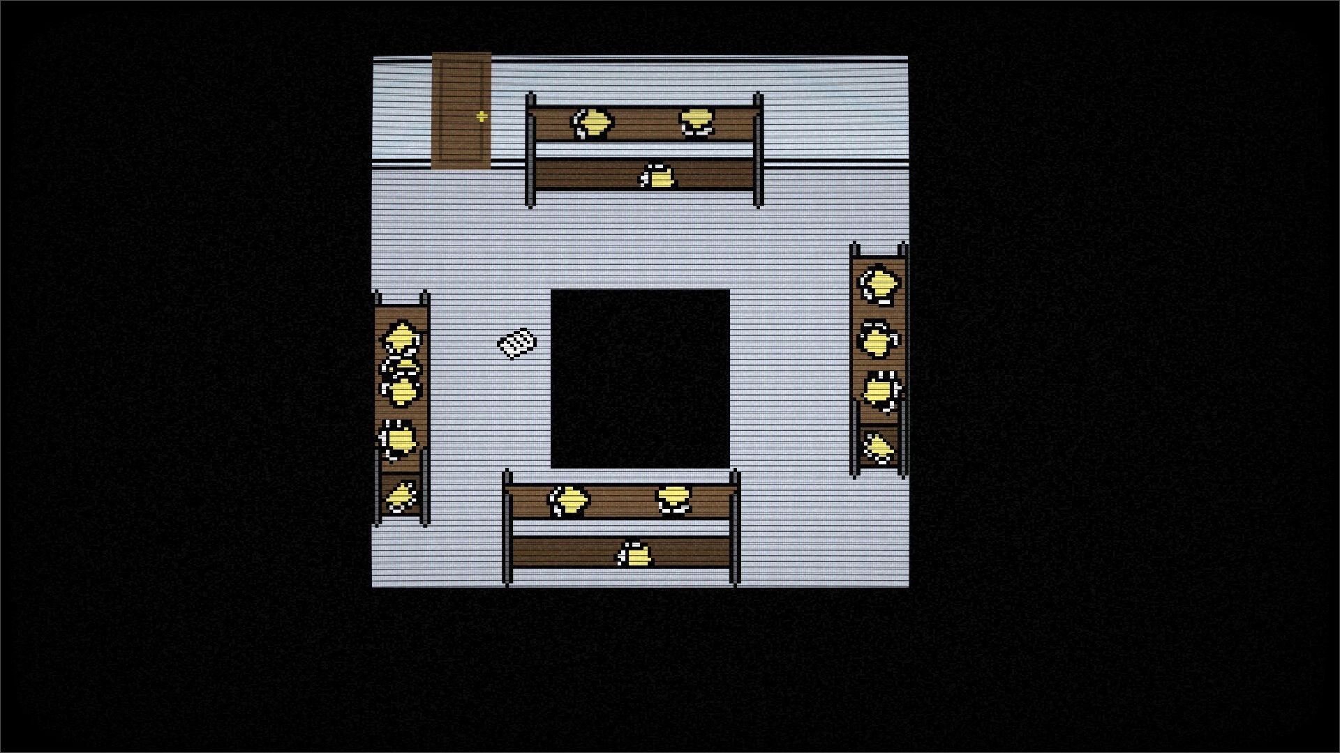 DIAPAUSE: Top-down view of a dimly lit room with benches and scattered papers, central open square