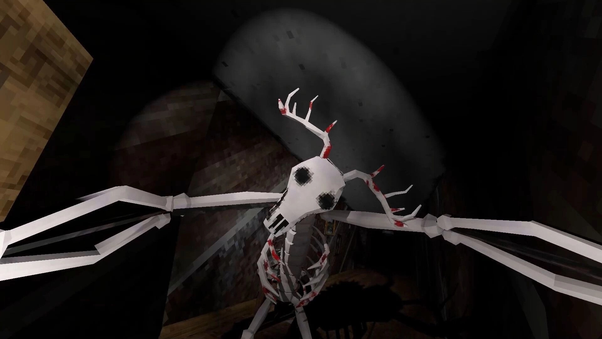 DIAPAUSE: Skeletal creature with antlers lunges under dim flashlight in a dark, confined cabin hallway.