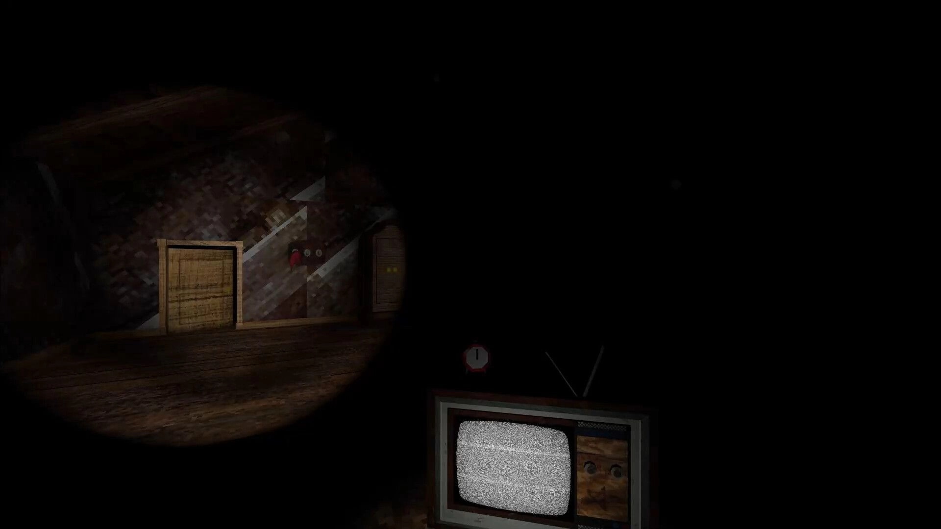 DIAPAUSE: Flashlight illuminates cabin room with static TV and wooden door, shrouded in darkness